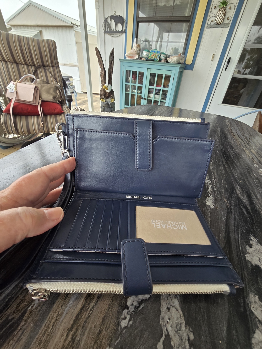 MICHAEL KORS EUCJet Set Signature Double Wallet/Wristlet Navy & Turquoise Stripe - Picture 5 of 9